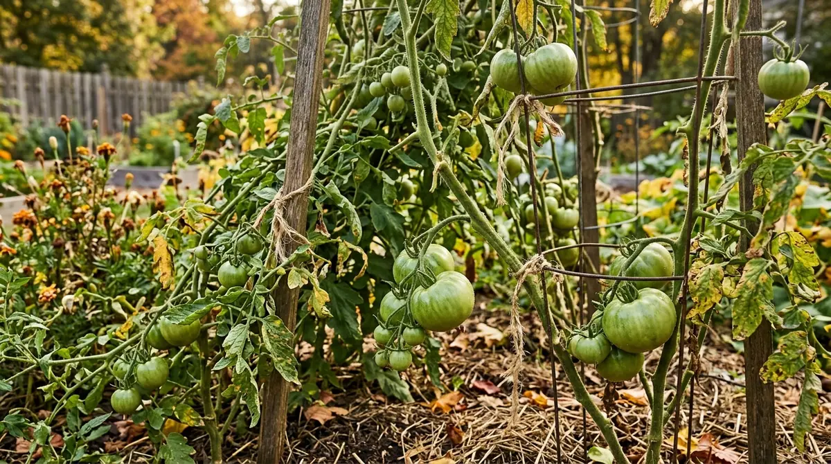 Green tomatoes growing on vines supported by metal cages in a garden bed