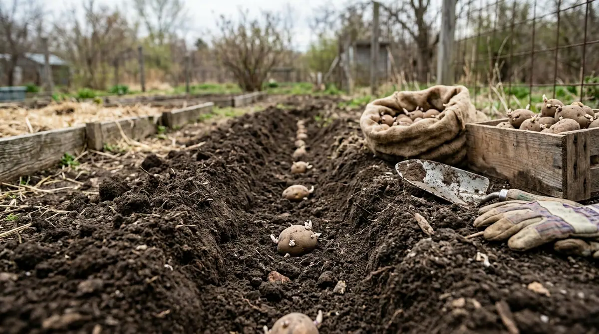Sprouted potatoes lined up in a soil trench with garden tools and burlap sack nearby