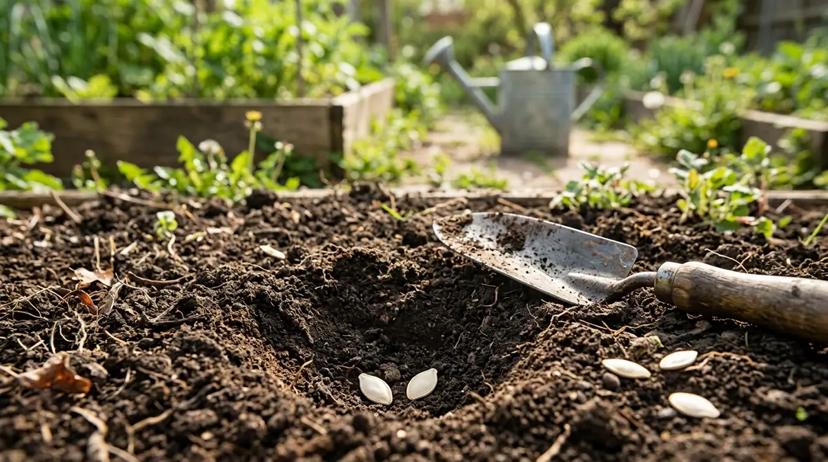 Squash seeds ready for planting in garden soil with a trowel