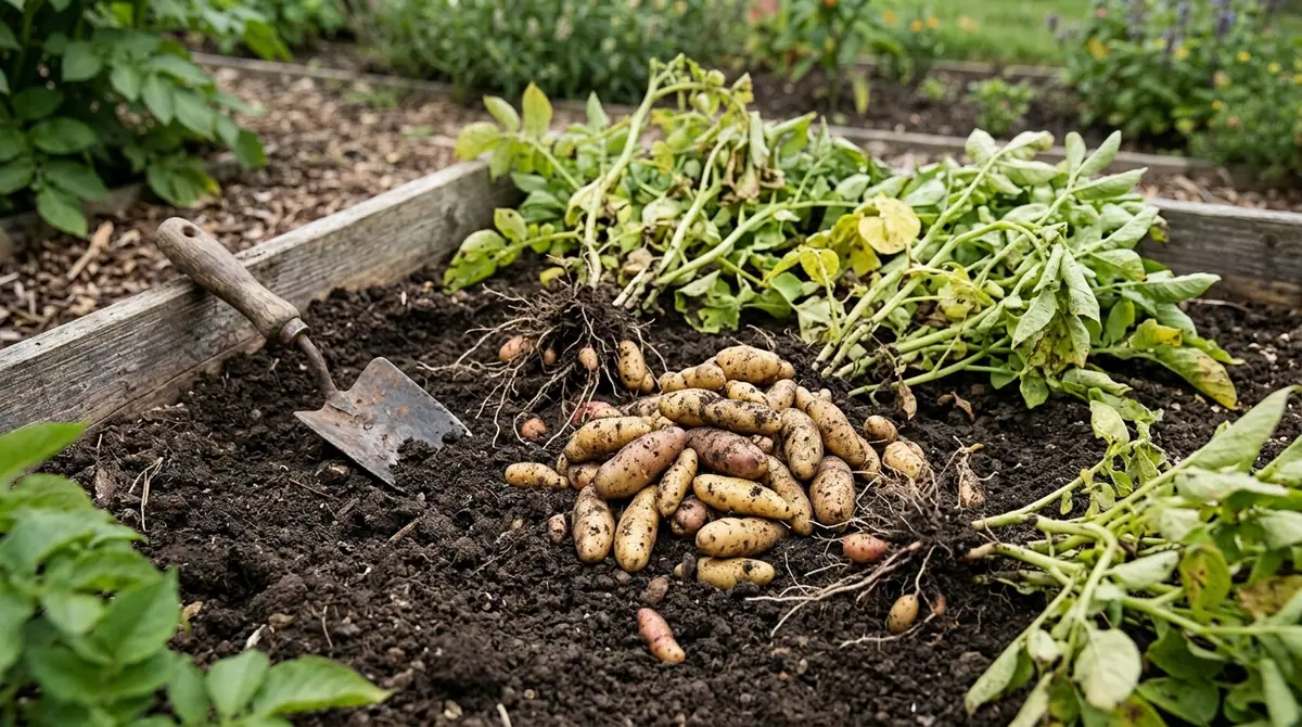 Newly harvested fingerling potatoes piled in a garden bed with a trowel and green plants