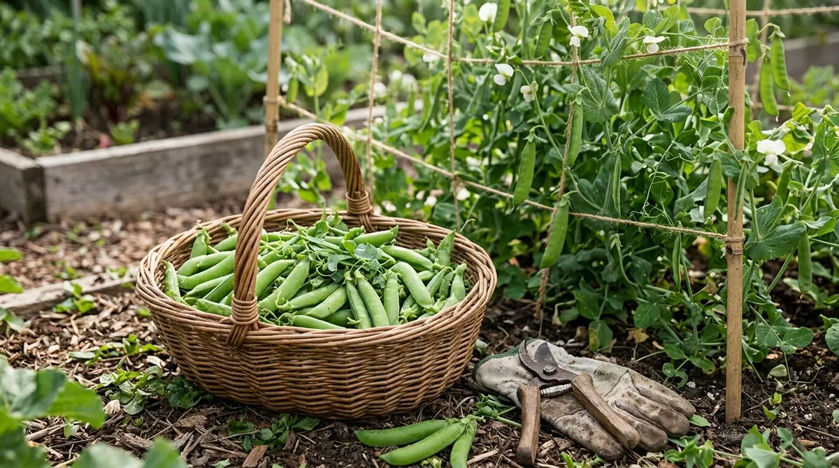 Wicker basket filled with freshly harvested green pea pods in a garden next to a trellis
