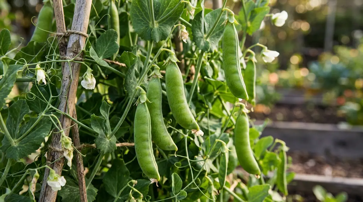 Plump green pea pods hanging on a leafy vine in a garden