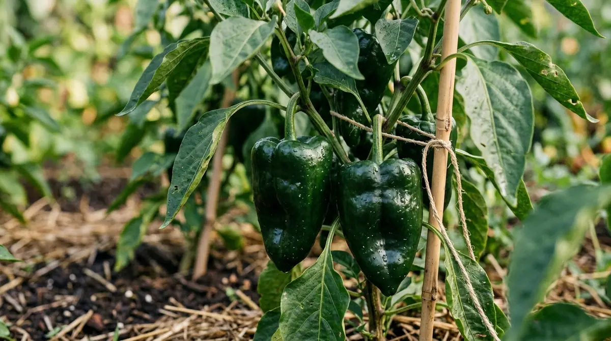 Glossy dark green poblano peppers hanging from a leafy garden plant tied to a bamboo stake