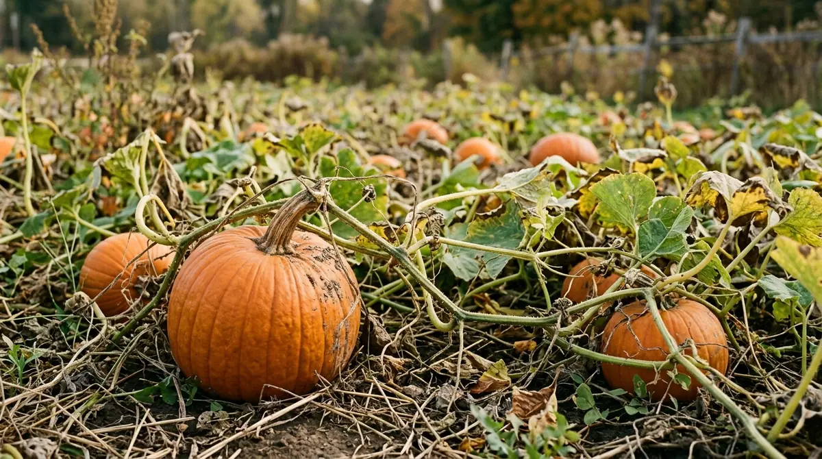 Ripe orange pumpkins growing on vines in a field