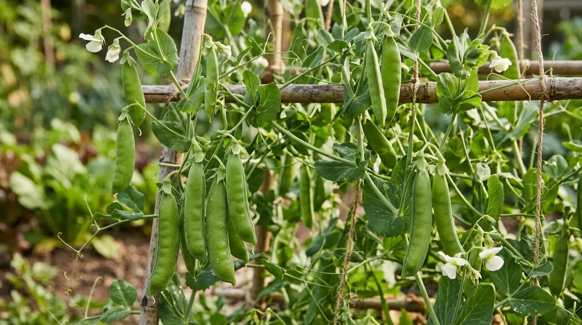 Plump green snap pea pods hanging from climbing vines on a wooden trellis