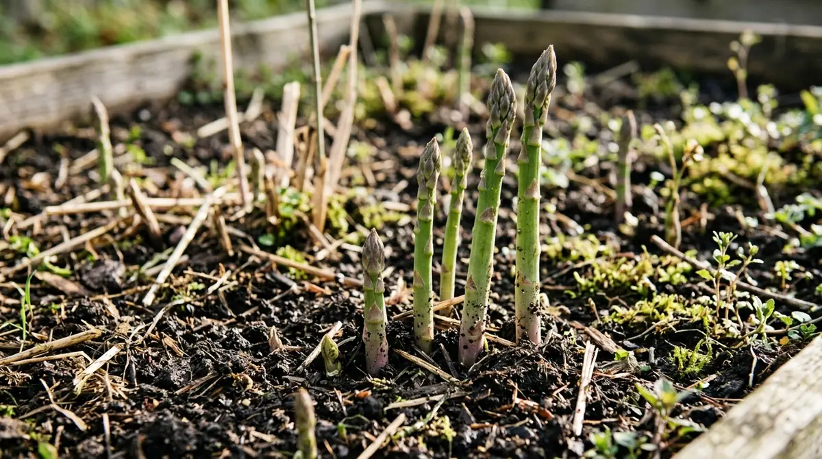 Young asparagus spears sprouting in a garden bed