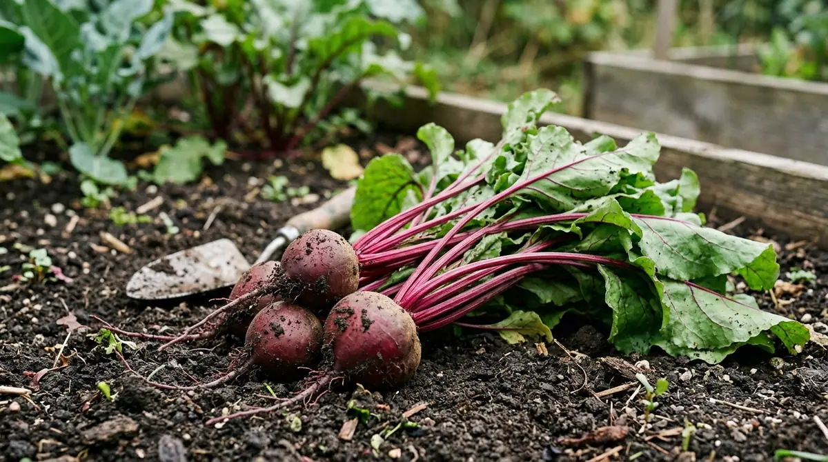 Freshly harvested beets with green leaves lying on soil next to a garden trowel