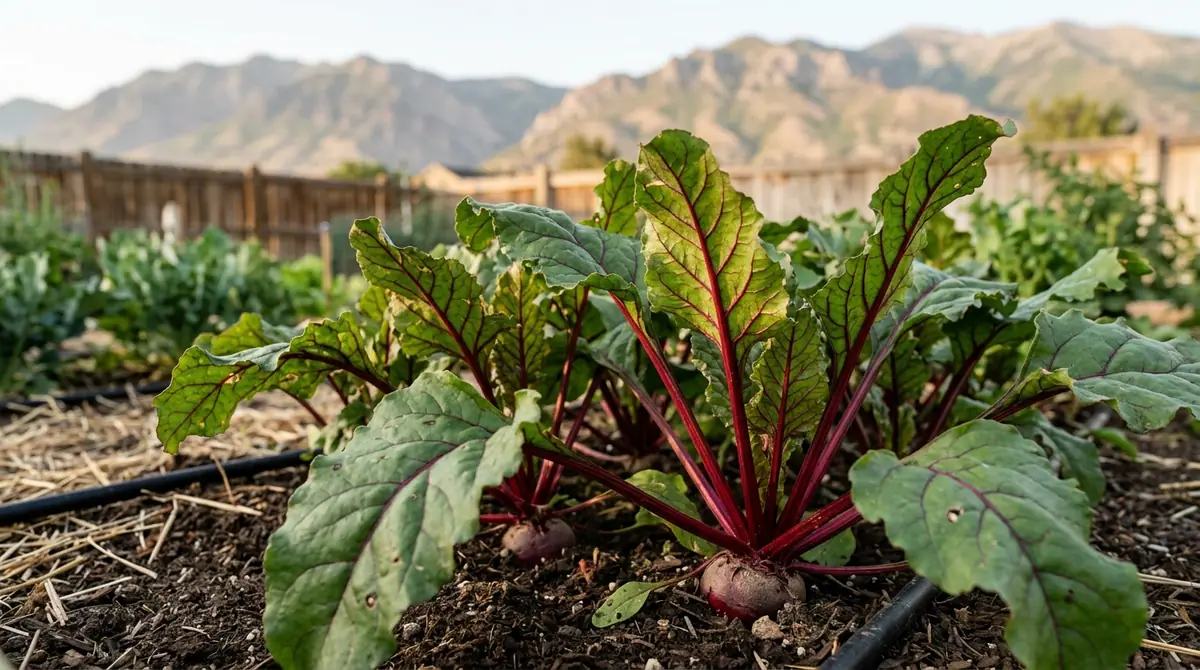 Beets growing in a garden bed with mountains in the background