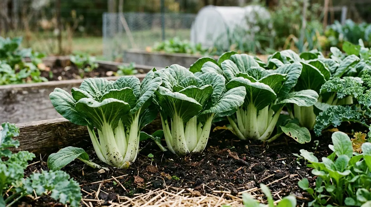 Row of lush green bok choy plants growing in a raised garden bed