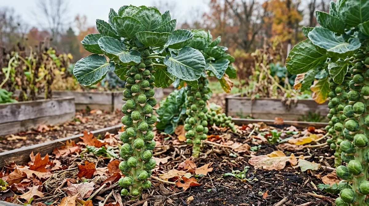 Brussel sprouts growing in a raised garden bed with fallen leaves