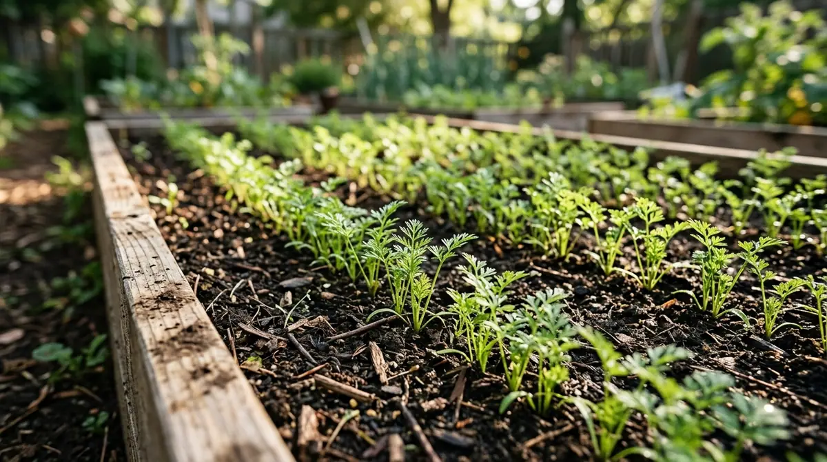Young carrot seedlings growing in neat rows inside a wooden raised garden bed