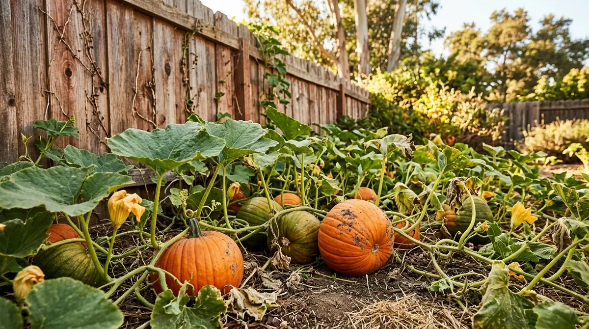 Pumpkin patch with growing vines and pumpkins along a wooden fence