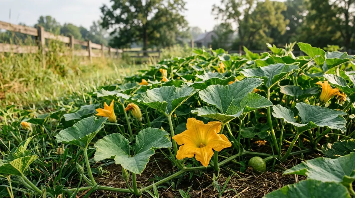 Vibrant pumpkin patch with large green leaves and yellow blossoms growing in a sunny rural field