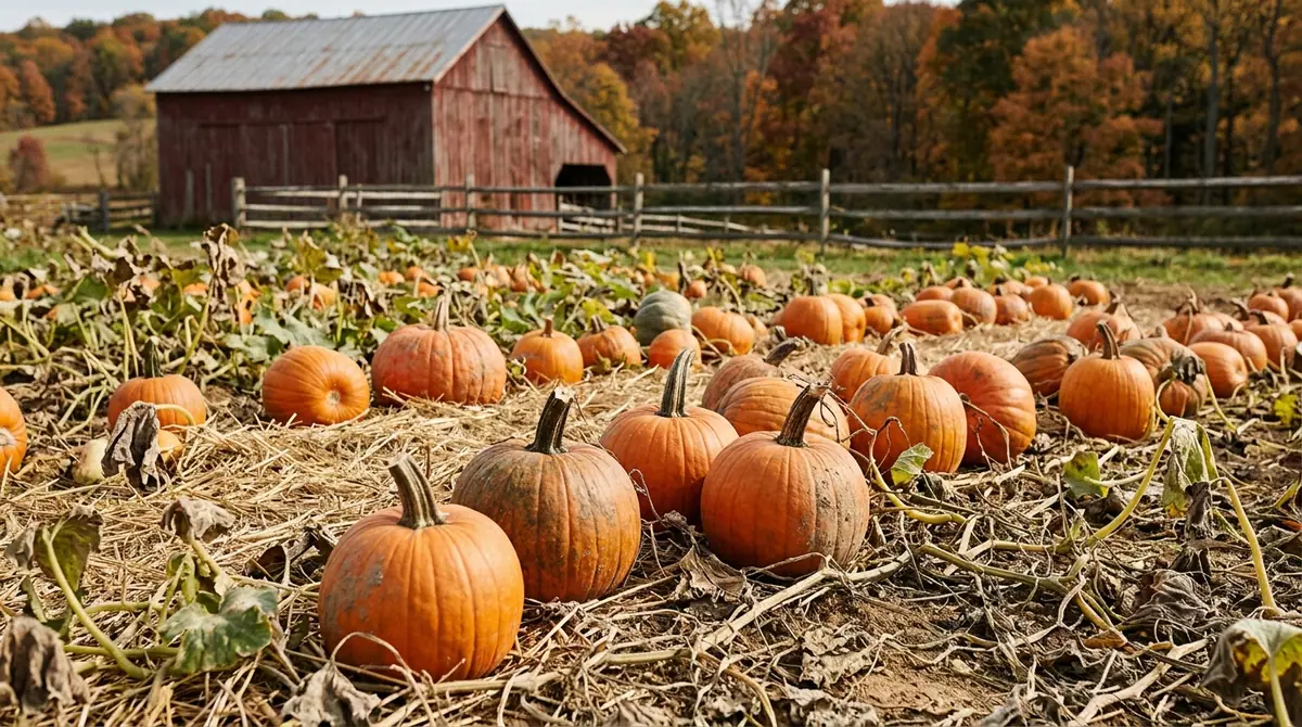 Ripe pumpkins sitting on a farm field with a red barn in the background