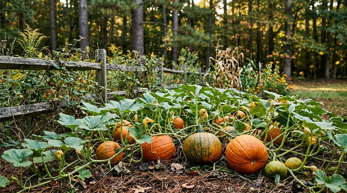 Several pumpkins growing on vines along a split-rail fence near a wooded area
