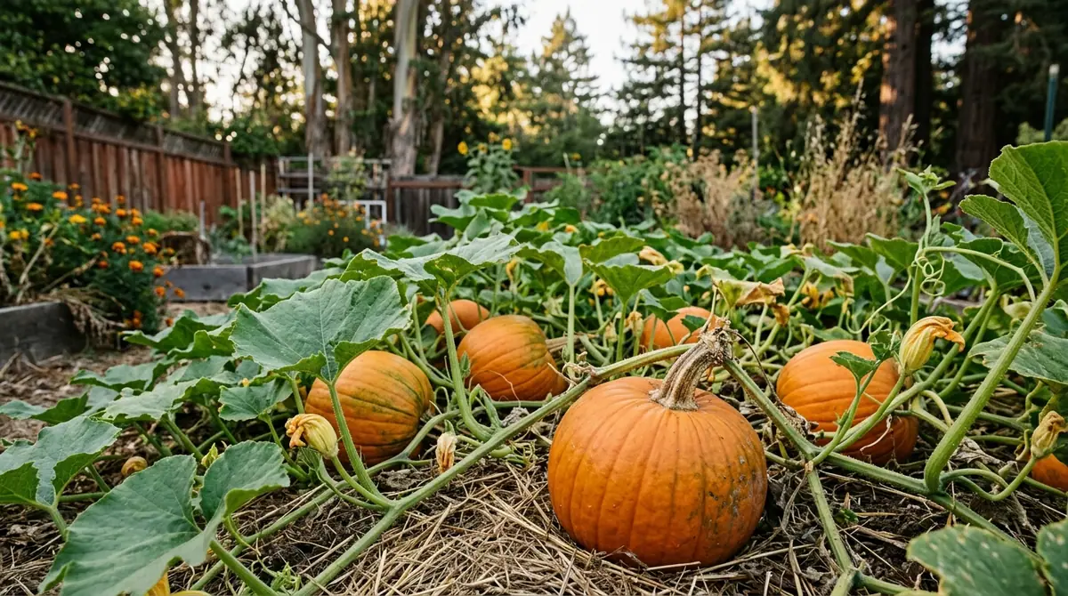 Orange pumpkins growing on green vines in a sunny backyard garden