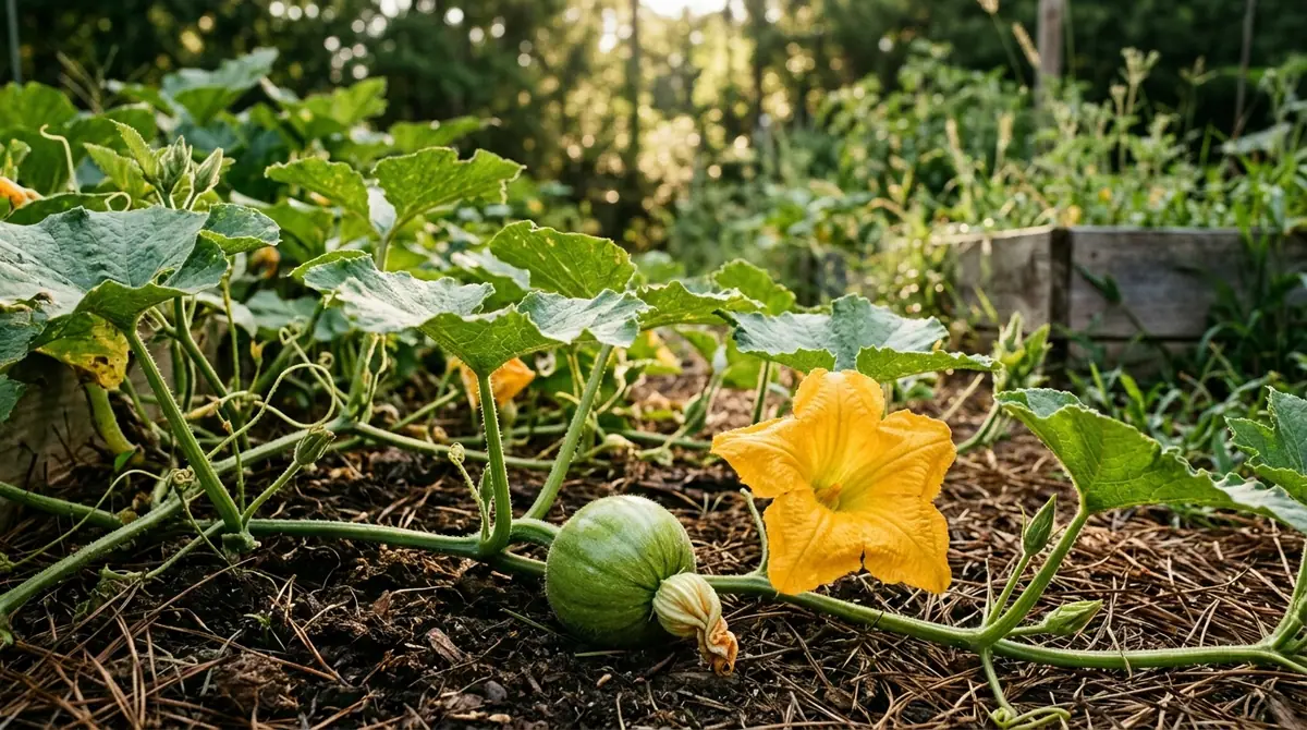 Green pumpkin and vibrant yellow blossom growing on a leafy vine in a garden bed