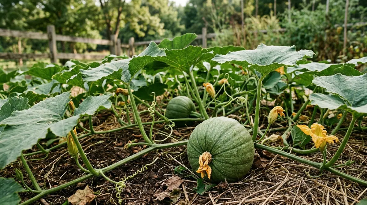 Unripe green pumpkins growing on vines in a garden bed