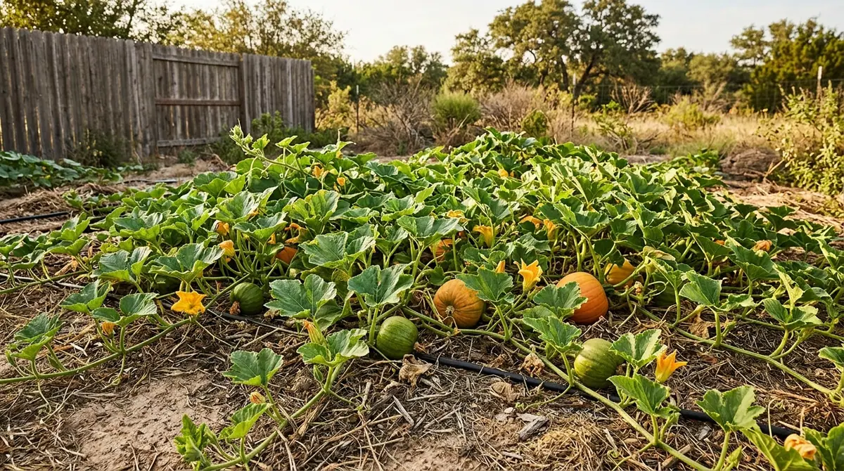 Green pumpkin patch with ripening pumpkins and yellow blossoms in a backyard garden