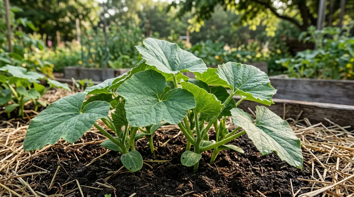 Young pumpkin plant growing in a garden bed with mulch