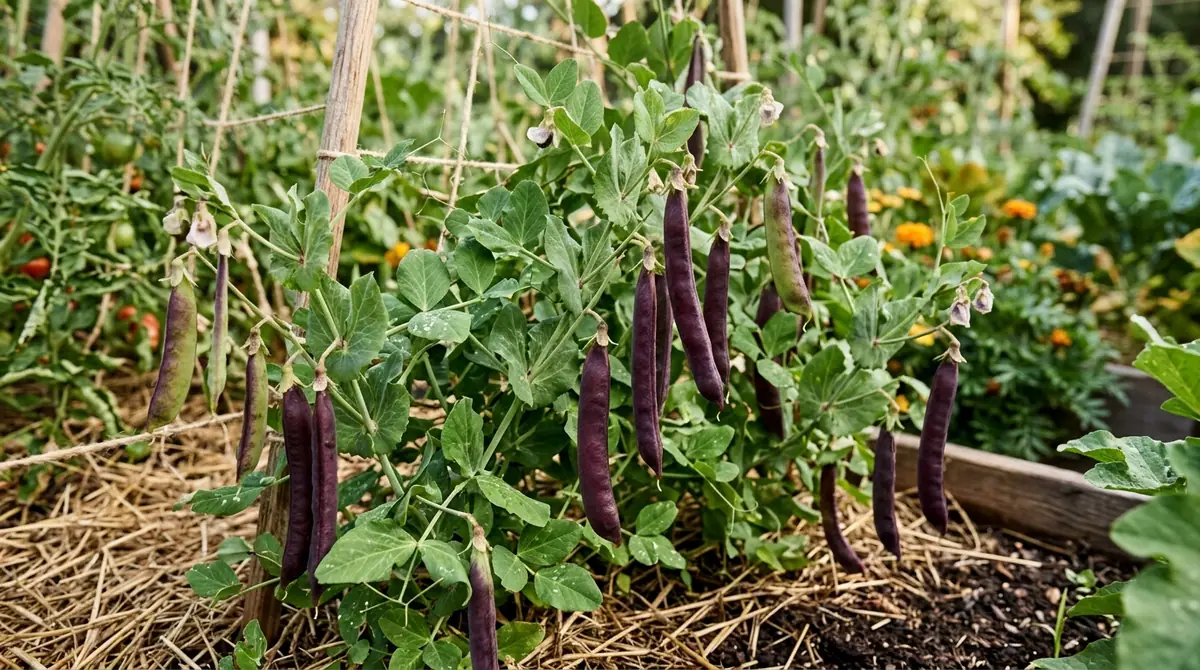 Purple hull pea vine with dark pods hanging on a trellis in a garden