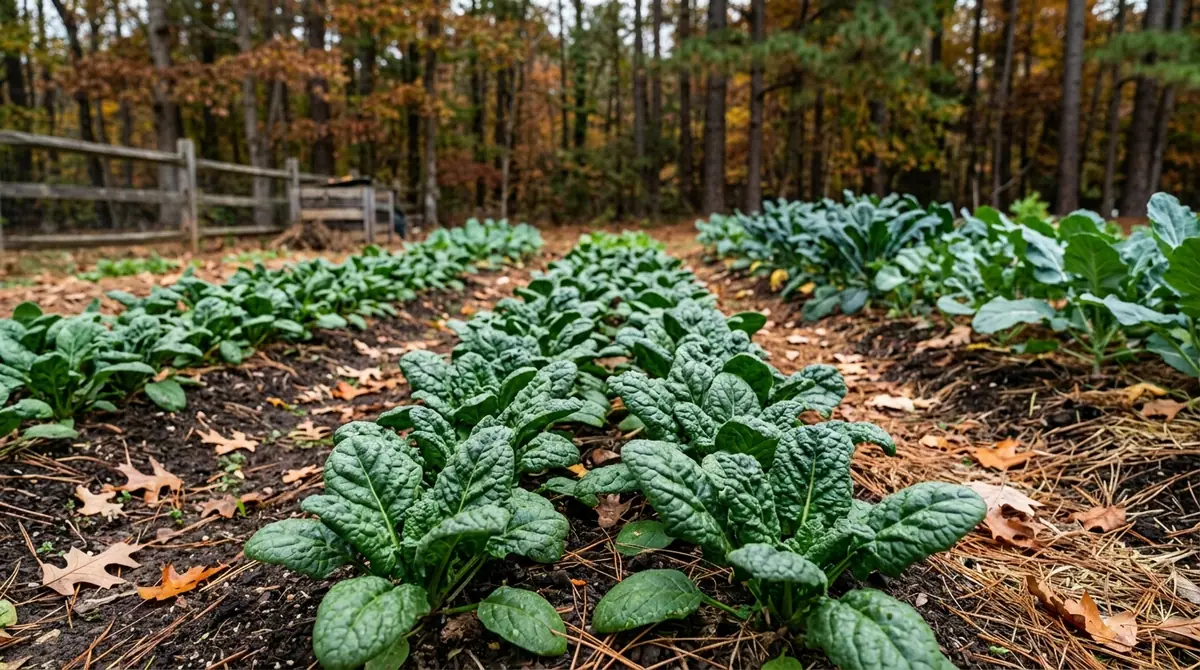 Rows of young spinach plants growing in a rural garden bed