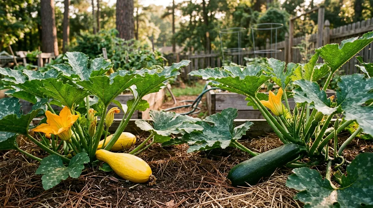 Yellow and green squash growing in a backyard garden bed