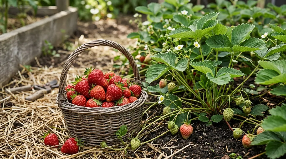 A wicker basket filled with fresh red strawberries sitting in a garden next to strawberry plants