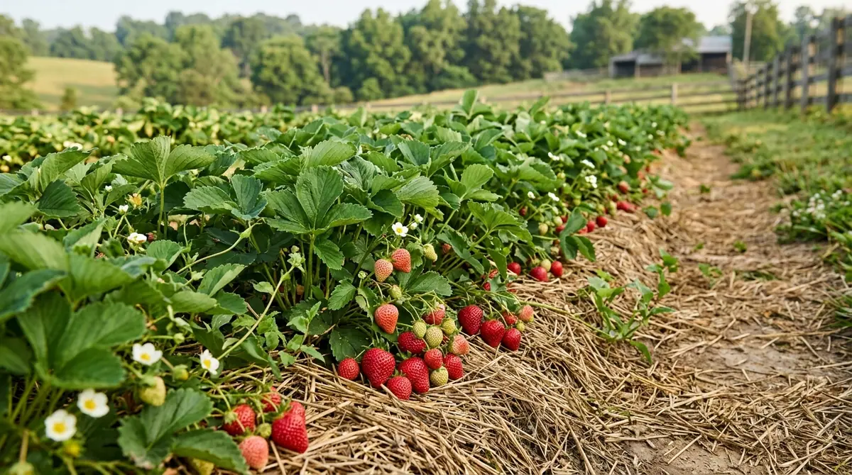 Ripe strawberries and white flowers growing in a straw-mulched garden row in the countryside