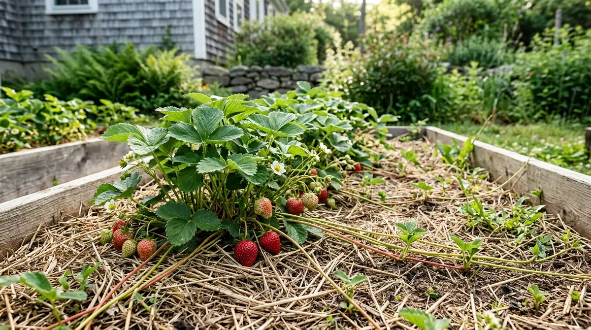 Strawberry plants with green leaves and ripening red fruit growing in a raised wooden garden bed mulched with straw