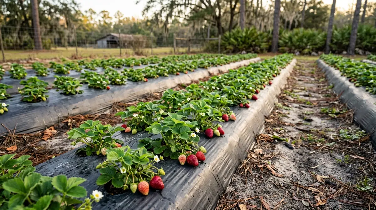 Rows of strawberry plants growing in black plastic mulch on a sunny farm field