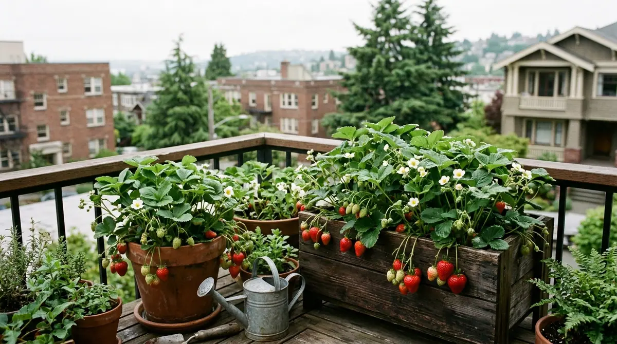 Potted strawberry plants loaded with green and red fruit on an apartment balcony