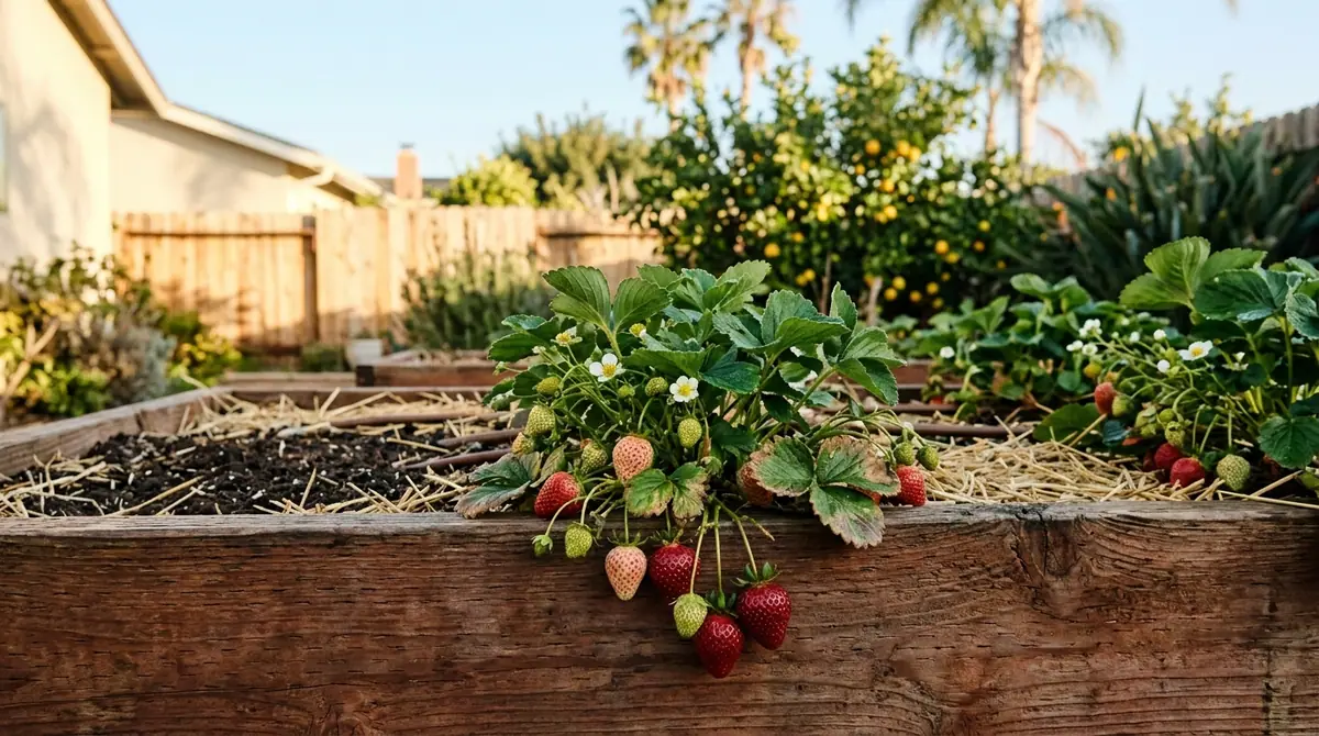 Ripe red strawberries hanging from a plant in a wooden garden bed