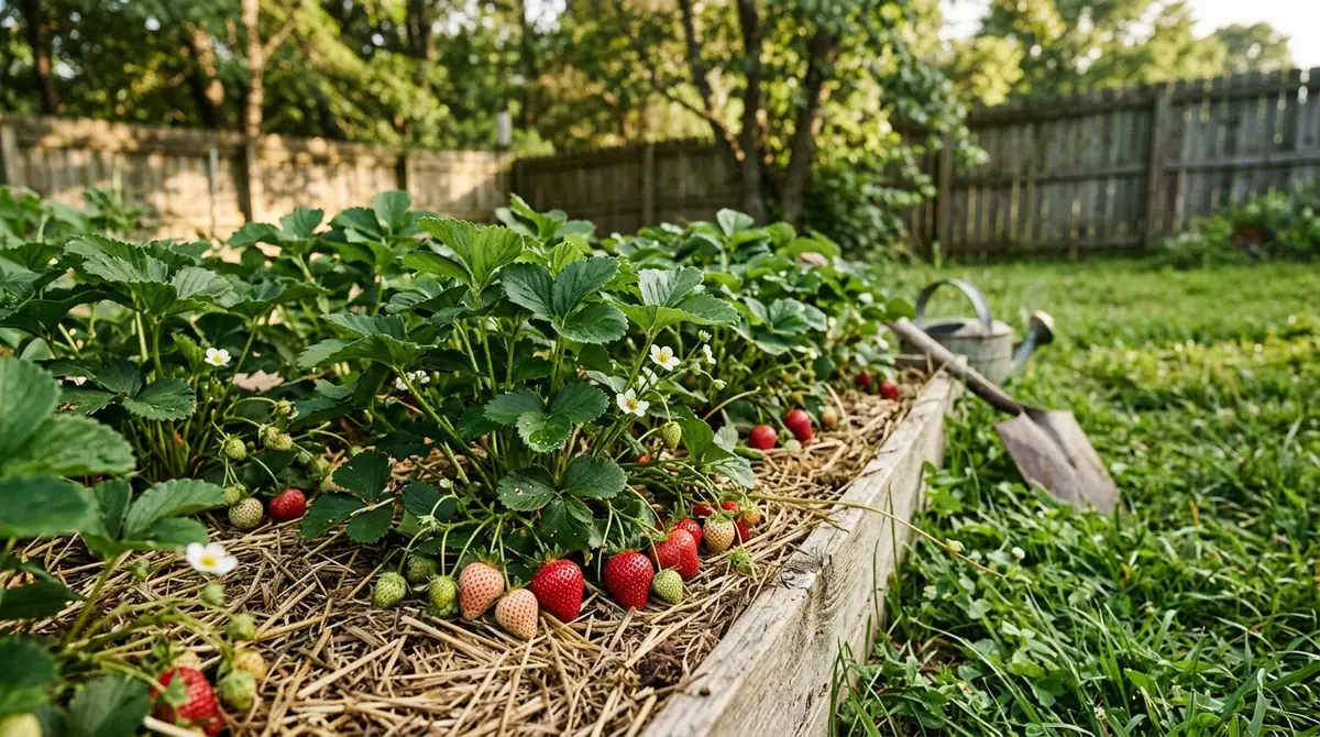 Strawberry plants with red fruit and white flowers growing in a raised garden bed with straw mulch