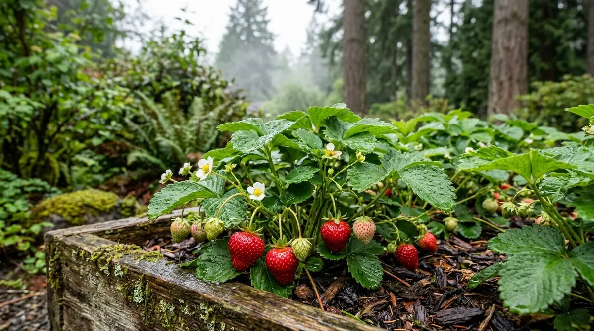 Strawberry plants with ripe red fruit growing in a wooden garden bed