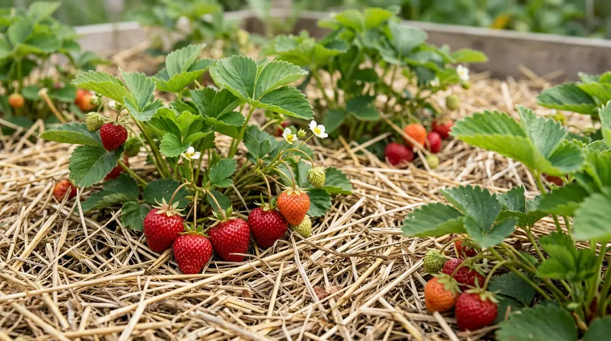 Strawberry plants with ripe red fruit and white flowers growing in a straw-mulched garden bed