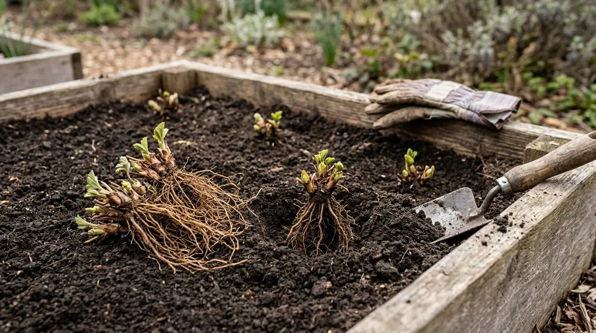 Bare root strawberry plants with exposed roots ready for planting in a raised garden bed