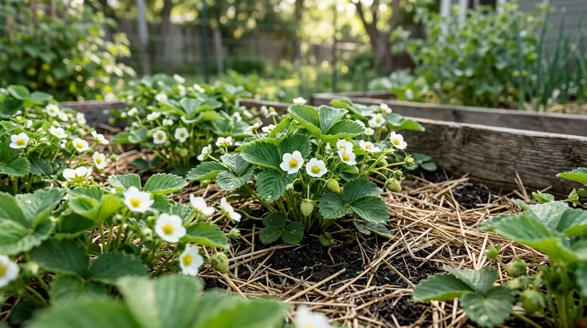 Blooming strawberry plants with small green fruits in a raised garden bed mulched with straw