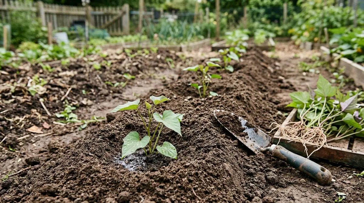 Sweet potato slips planted in garden soil next to a trowel and a tray of plants
