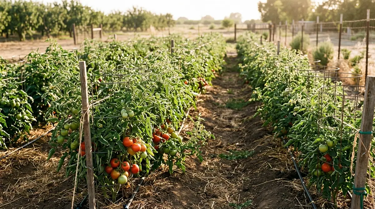 Rows of tomato plants growing in wire cages in a sunny outdoor garden