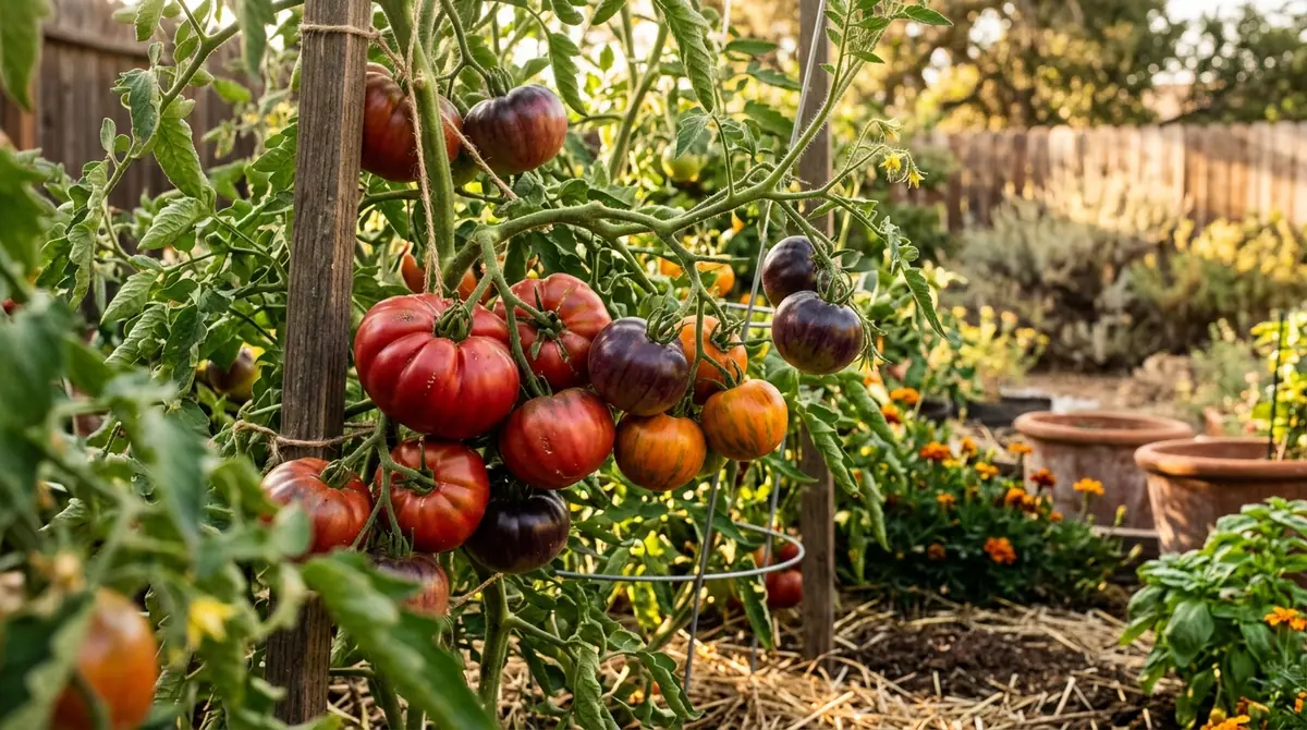 Heirloom tomato plants laden with ripening red and purple fruit in a sunny backyard garden