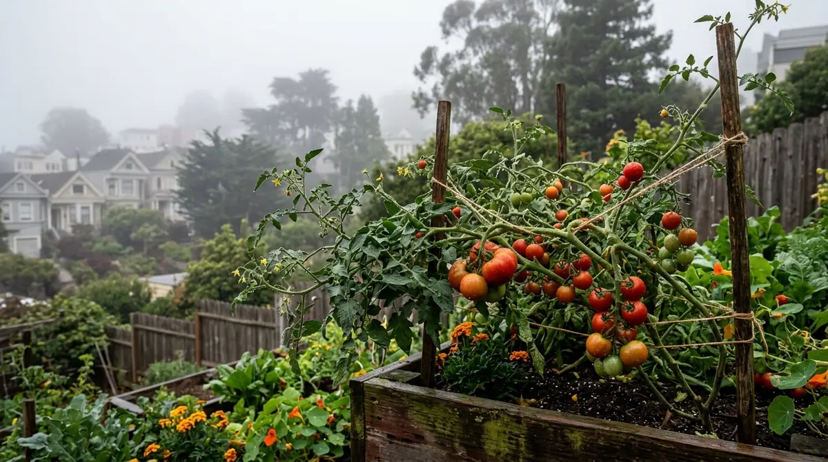 Tomato plants growing in a raised wooden bed in a foggy backyard with houses visible in the distance