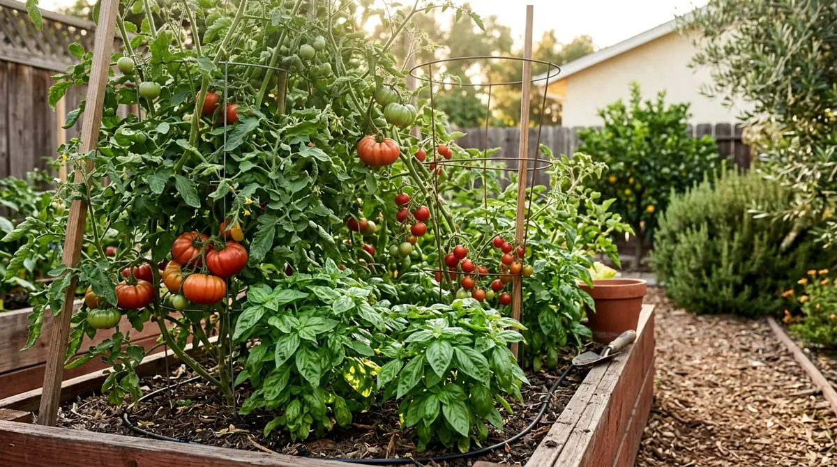 Healthy tomato plants and green basil growing together in a raised garden bed