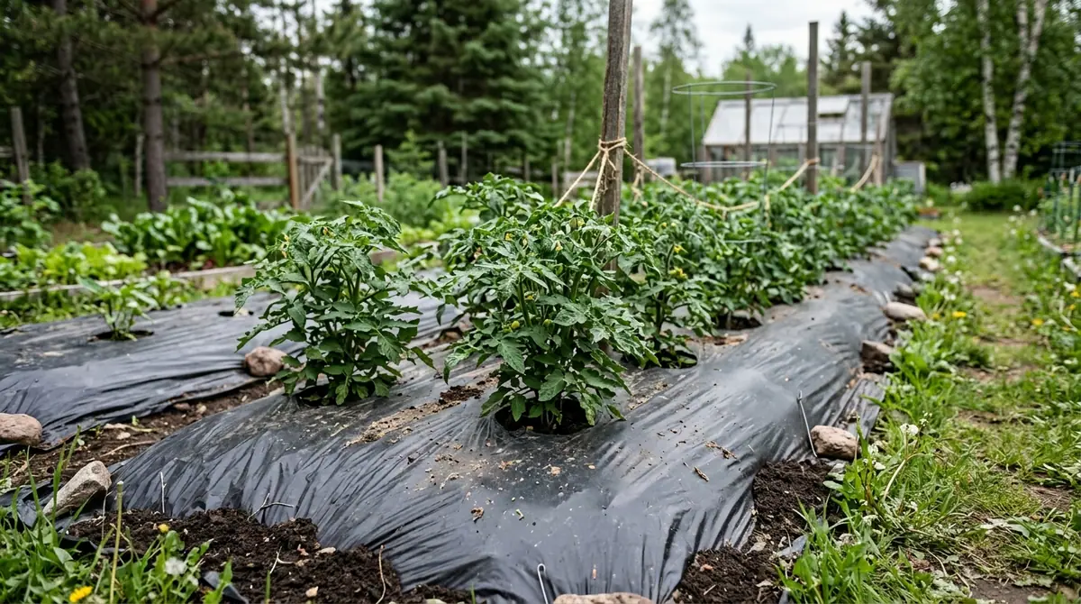 Young tomato plants growing in rows through black plastic mulch in a garden