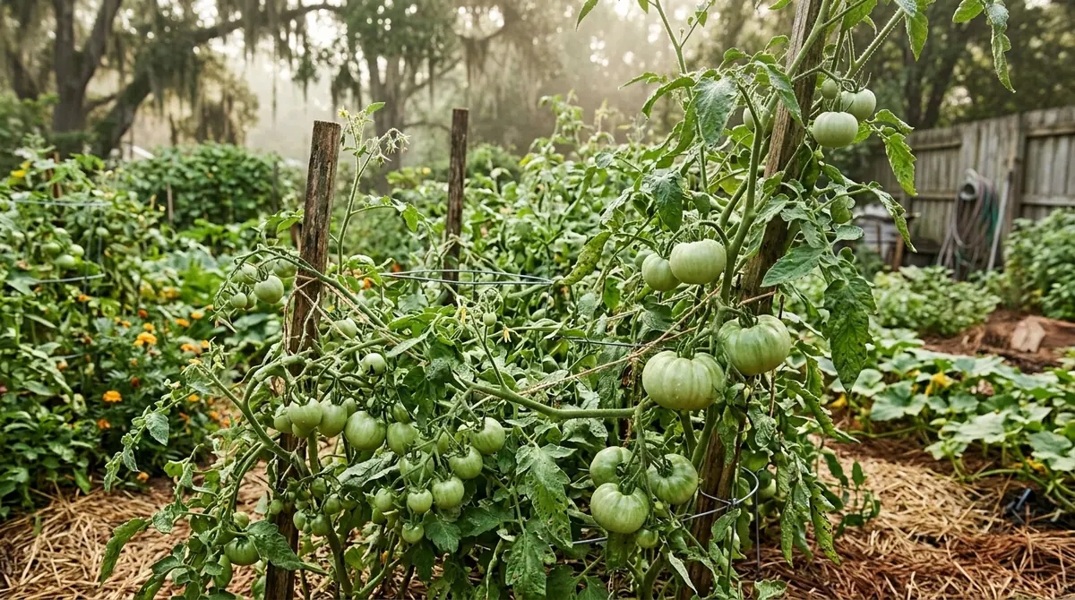 Green tomatoes growing on staked vines in a sunlit garden