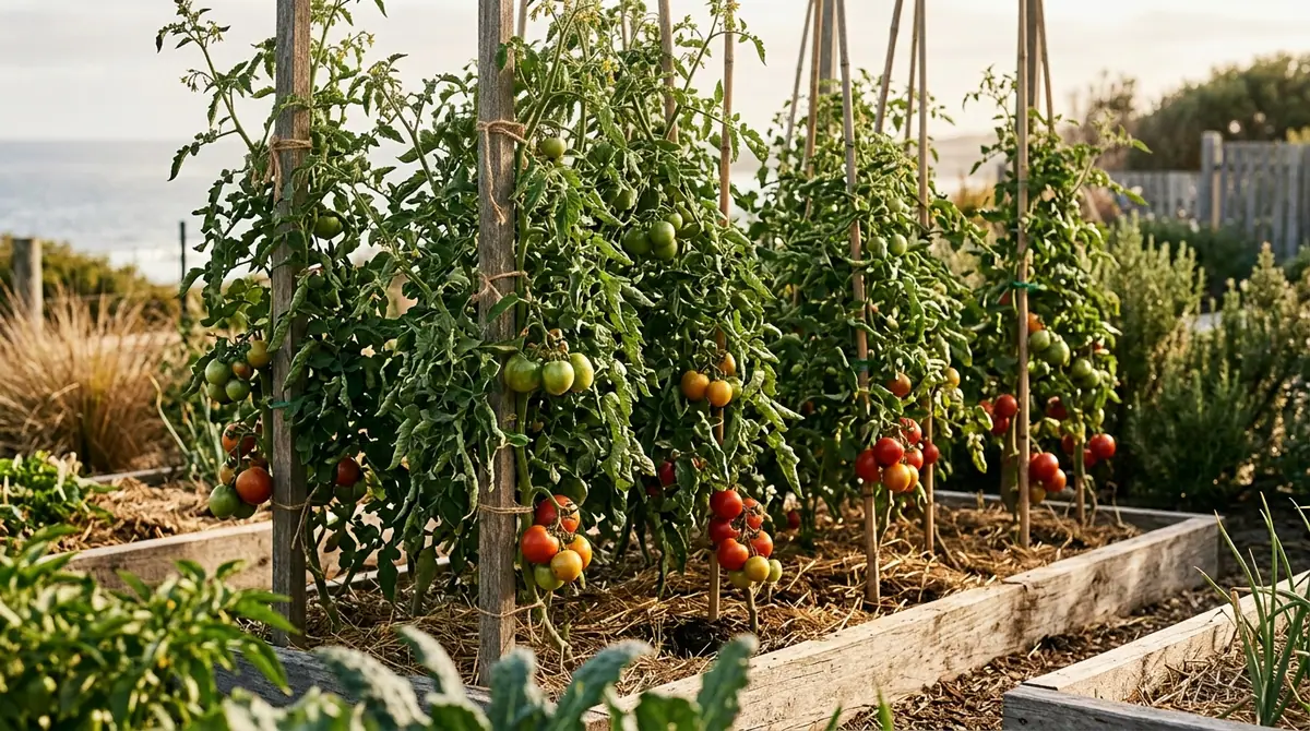 Tomato plants laden with green and red fruit in wooden garden boxes near the ocean