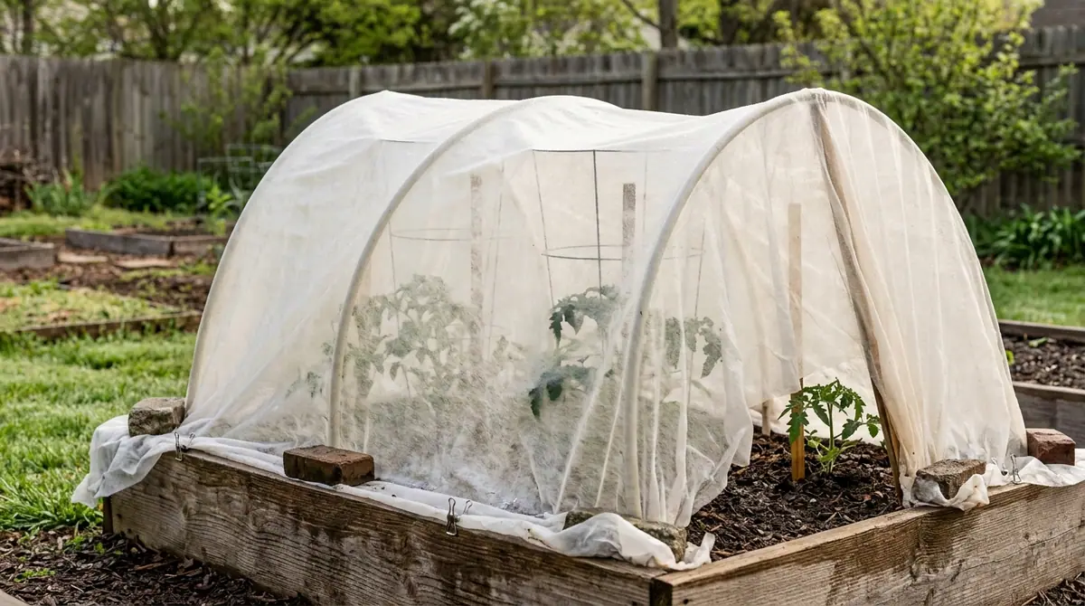 Tomato plants under a row cover in a raised garden bed