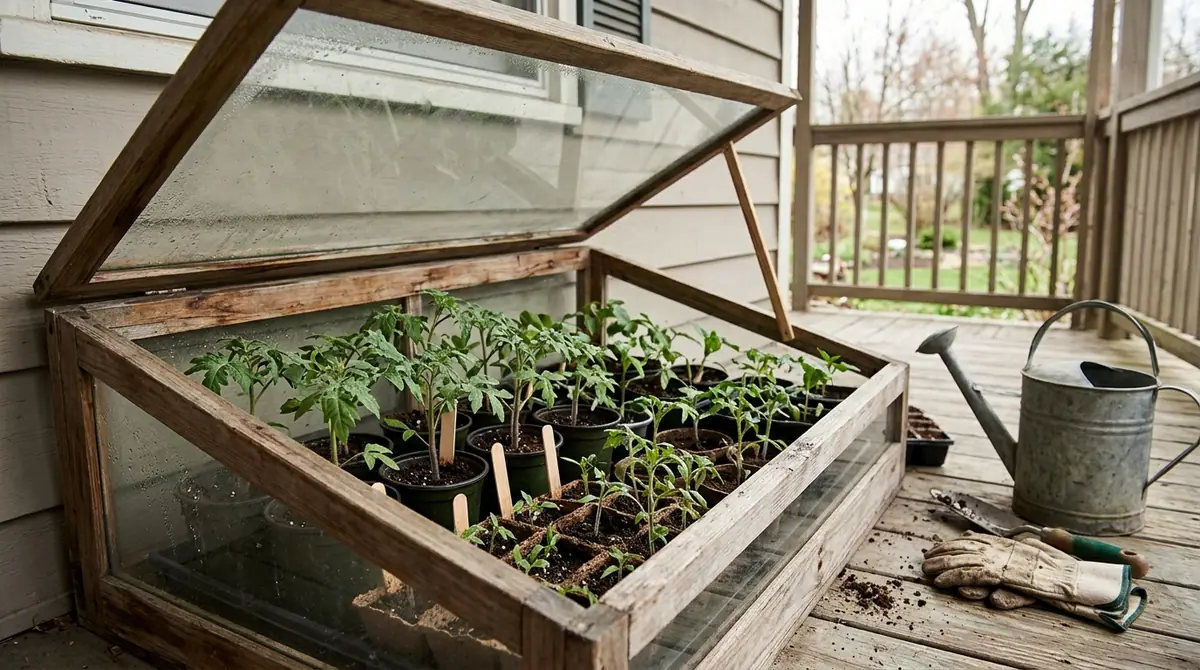 Tomato seedlings growing inside a small wooden cold frame on a porch