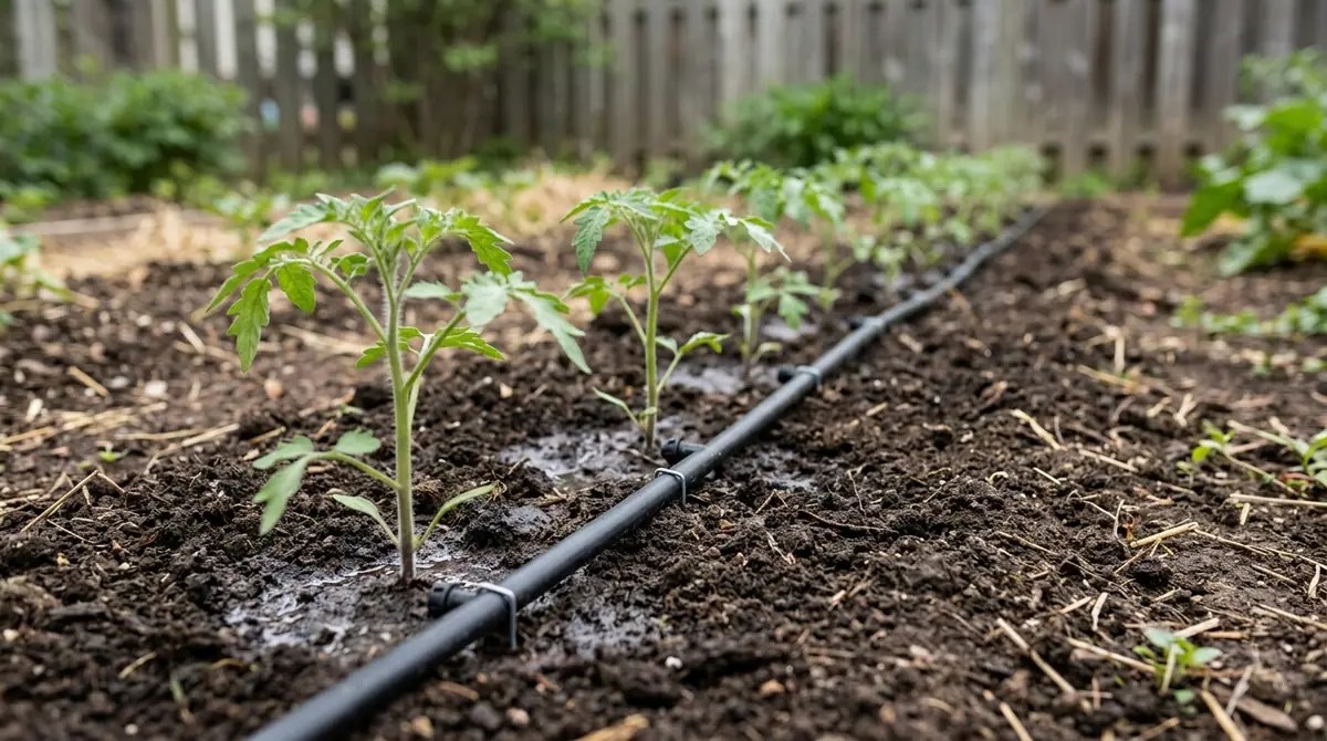 Young tomato plants growing in a garden bed with a drip irrigation system