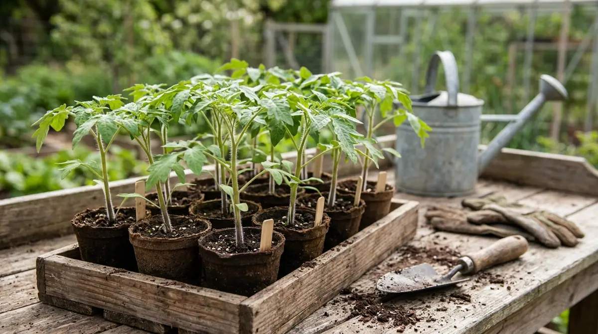 Small tomato seedlings in peat pots inside a wooden tray on a potting bench with a trowel and watering can